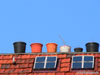 Bepflanzte Eimer auf Hausdach